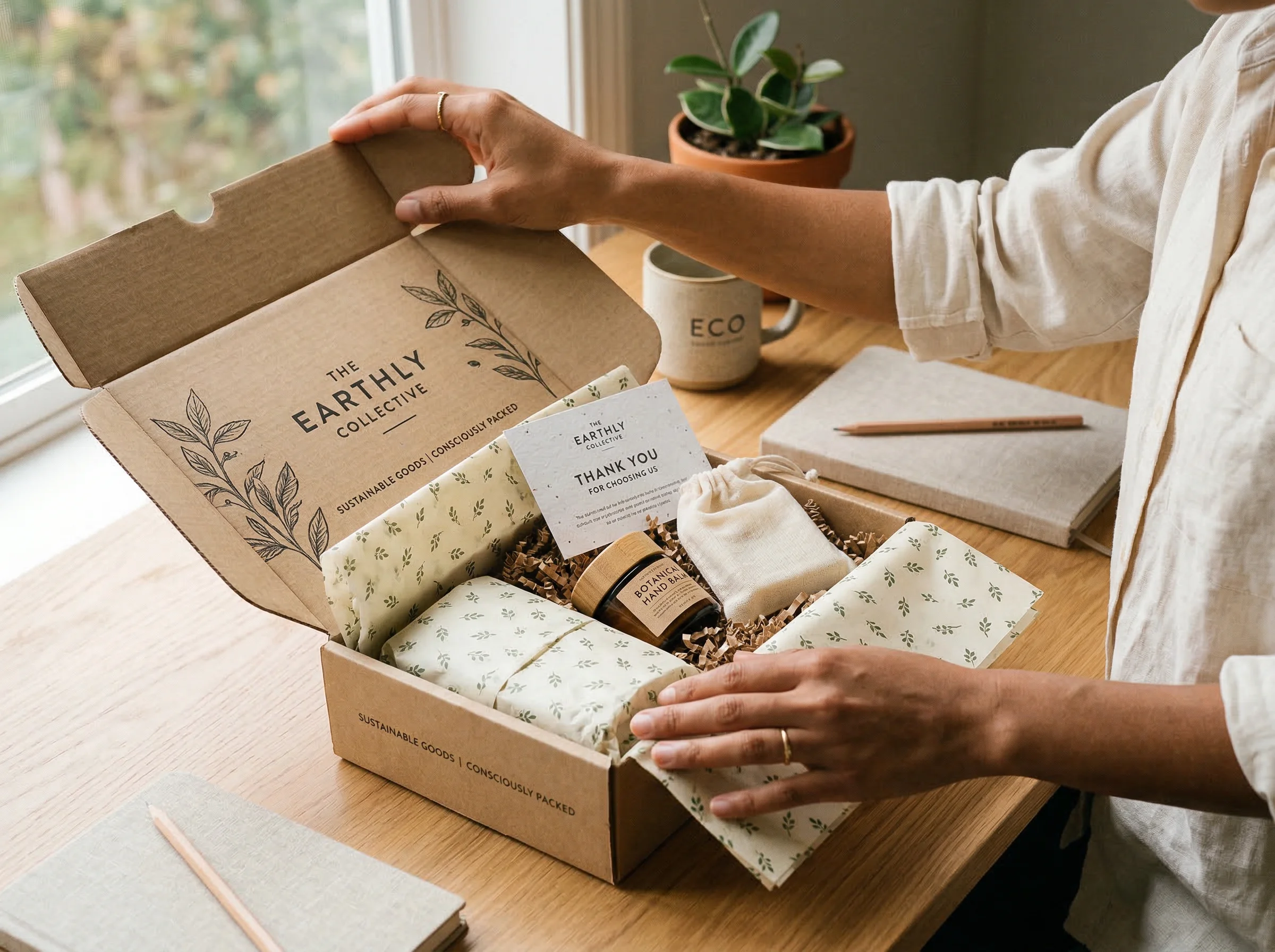 E-commerce unboxing experience with sustainable kraft packaging and eco-friendly tissue paper wrapping