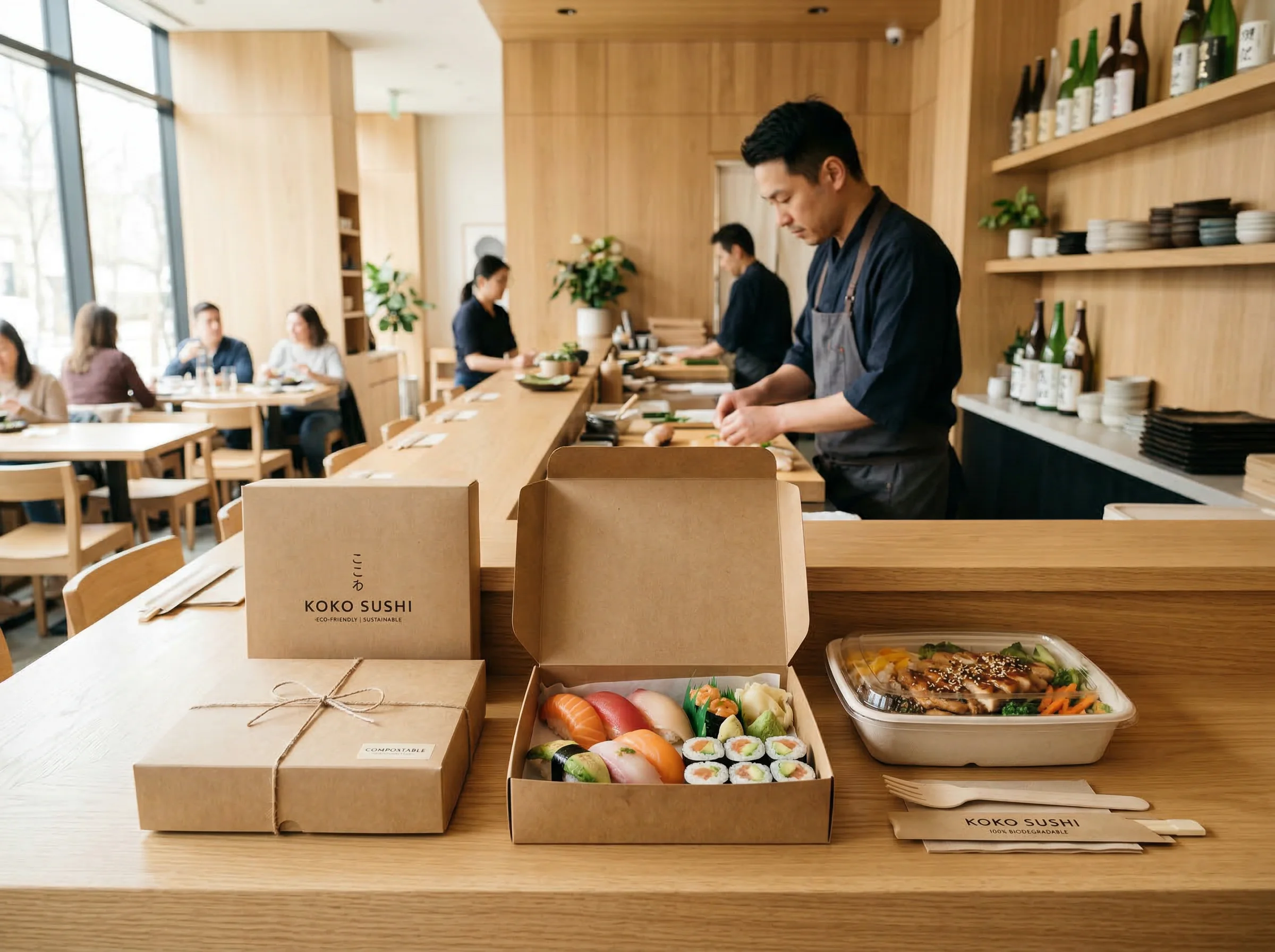Sakura Kitchen Group restaurant using eco-friendly kraft takeout packaging with sushi and bento boxes